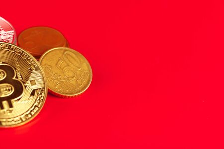 Golden bitcoin and dollars. creative photo.の写真素材