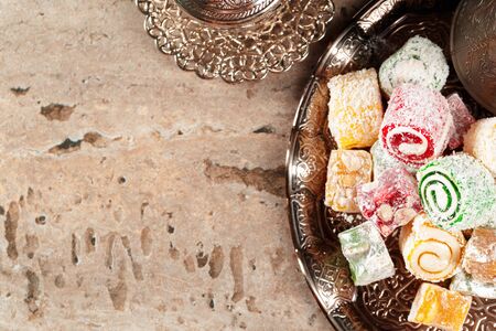 Traditional turkish coffee and turkish delightの写真素材