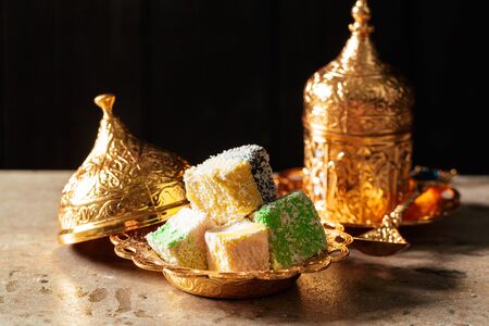 Traditional turkish coffee and turkish delightの写真素材