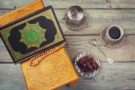Table top view aerial image of decoration Ramadan Kareem holiday background.Flat layの写真素材