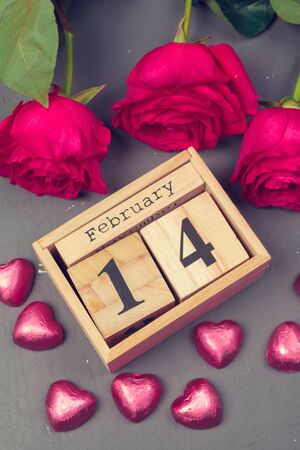 February 14 on calendar and decorations for Valentine's Day. creative photo.の写真素材