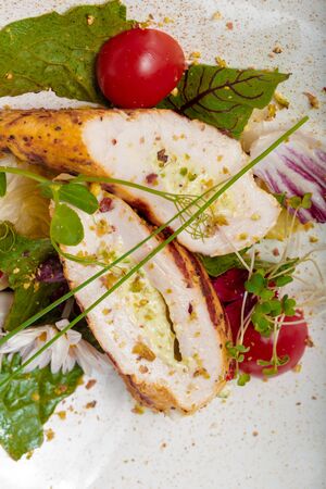 Chicken Salad. Chicken Caesar Salad. Caesar Salad with grilled chicken on plateの写真素材