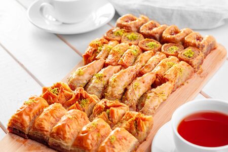 Traditional Baklava on Wooden Tableの写真素材