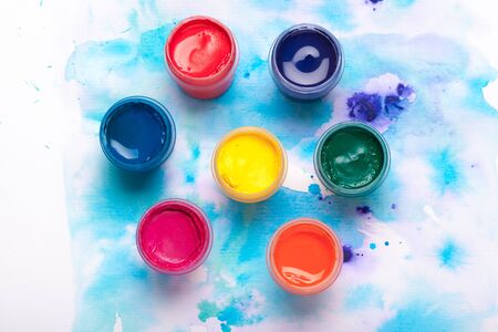 Art Palette with Colorful Paints Close Up top Viewの写真素材