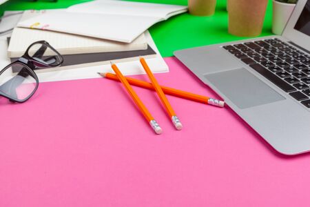 Table top view aerial image of accessories office desk background concept.Flat lay of variety objectの写真素材