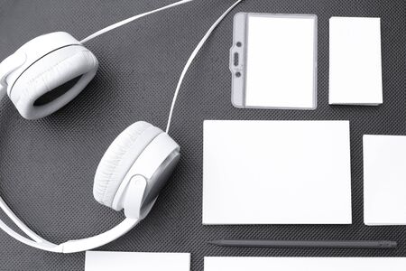 Blank stationery template on black background. Mock-up for branding identity. For design presentations. Close up.の写真素材