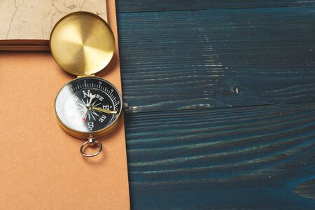 Travel items on wooden table.の写真素材