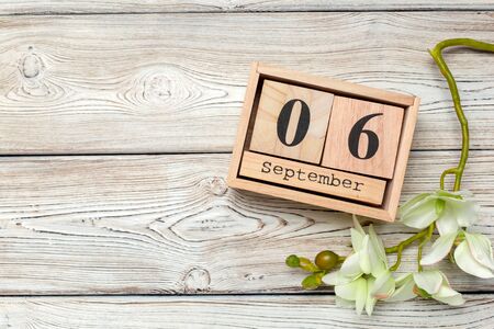 September 6. Image of September 6 wooden calendar on wooden background . Autumn day. Close up.の写真素材
