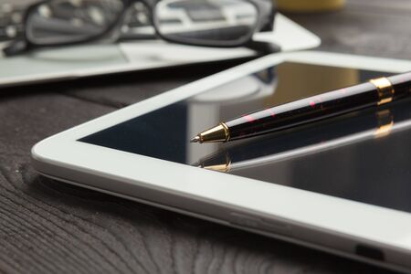 Modern workplace with laptop close up viewの写真素材