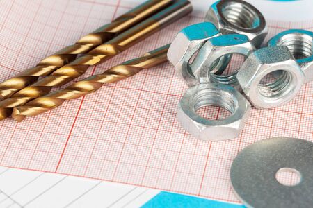 detailed drawing of parts, nuts on paper. Close up.