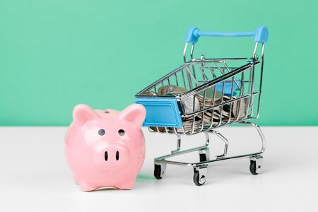 Pink piggy bank with shopping cartの写真素材