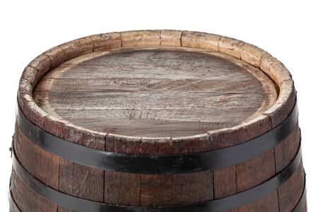 Wooden barrel with iron rings. Isolated on white background. Close up.