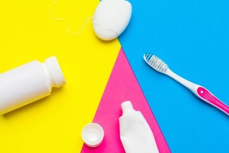 Taking care of teeth, dental concept on color background. Close up.の写真素材