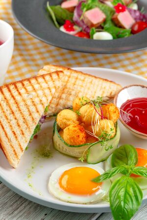 Club sandwich panini with ham, tomato, cheese and basil with cheese ballsの写真素材