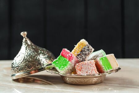 Delicious Colorful Turkish Delights. Macro photo. Close up.の写真素材