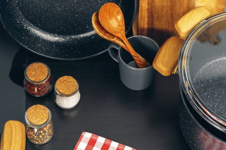 Set of cookware utensils on a kitchen counterの写真素材