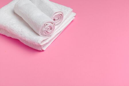 Clean towels on color background. Close up.の写真素材
