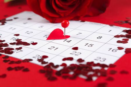 February 14 on calendar and decorations for Valentine's Day. Close up.の写真素材