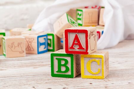 Wooden toy Blocks with the text: abc. Close up.の写真素材