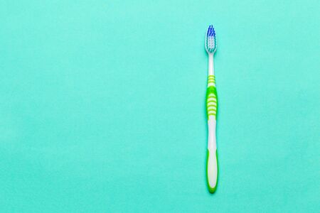 Toothbrushes on blue background. Macro photo. Close up.の写真素材