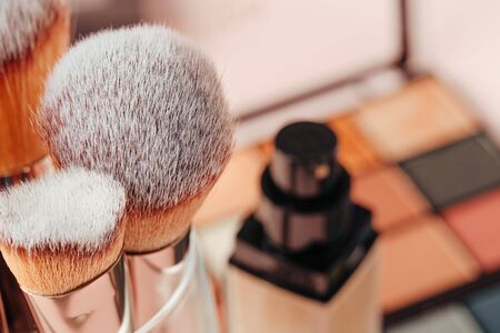 Make-up palette and brushes. Professional eyeshadow palette.の写真素材