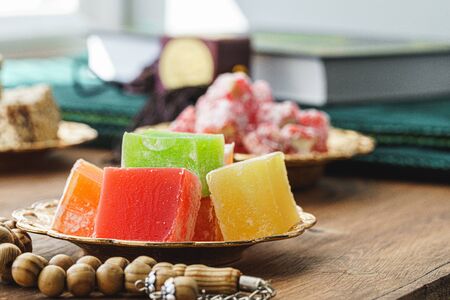 Turkish delight sweets on a metal oriental plate close upの写真素材