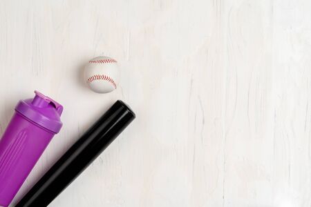 Baseball bat and ball, view from above. Close up.の写真素材