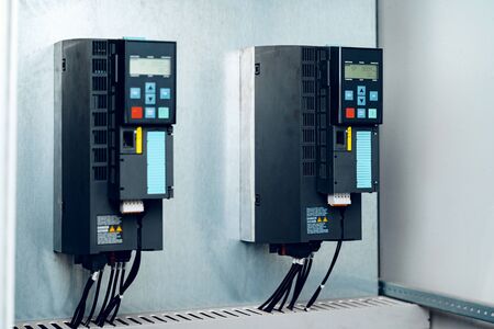 Close up of control panel in industrial production factory building