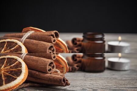 Cinnamon sticks on wooden background. Close up.