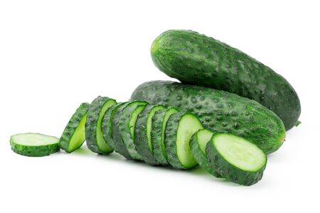 cucumber sliced isolated on white backgroundの写真素材