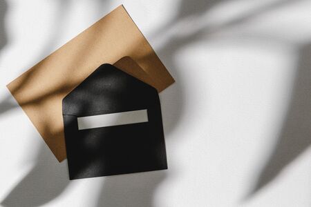 Paper envelope on white background with leaf shadow, top viewの写真素材