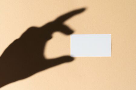 Female hand holding blank businesscard. Creative photo with shadowの写真素材