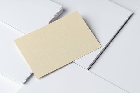 Background of blank business cards, copy space, top viewの写真素材