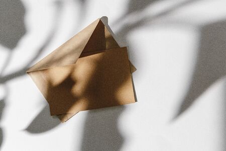 Paper envelope on white background with leaf shadow, top view