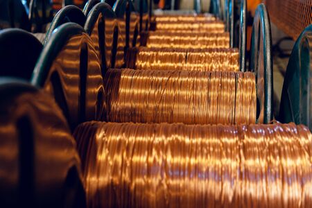 Production of copper wire, cable in reels at factory. Cable factory.の写真素材