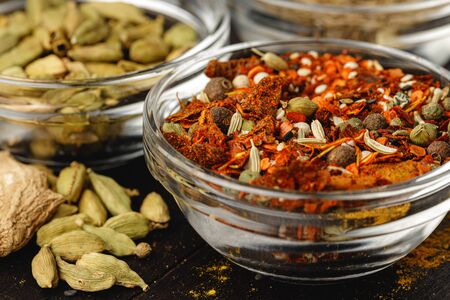 Green spice in glass bowl close up on kitchen tableの写真素材