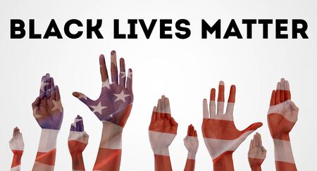 Black lives matter. Anti-racism concept with peoples hands against american flagの写真素材