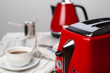 Close up of red kitchen .appliances on kitchen tableの写真素材