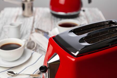 Close up of red kitchen .appliances on kitchen tableの写真素材