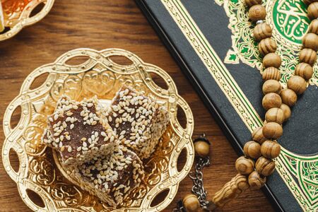 Turkish delight sweets on a metal oriental plate