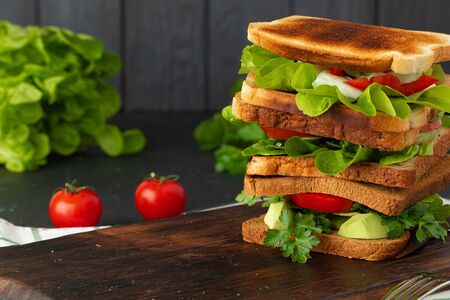 Healthy sandwich with vegetables on dark wooden backgroundの写真素材