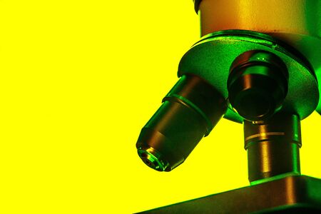 Microscope lenses on a laboratory desk close upの写真素材