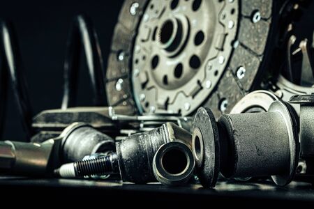 Close up of new car parts on black backgroundの写真素材