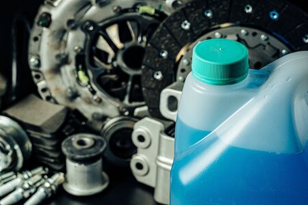 Close up of set of new car parts on black backgroundの写真素材
