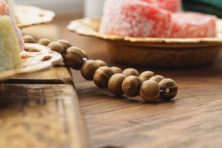Close up of a little oriental plate with turkish delights sweetsの写真素材