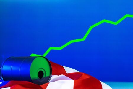 Price of american oil is changing concept. Black barrel with oil and graph