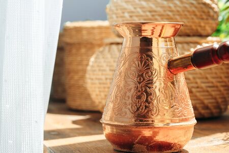 Fresh coffee in copper turk close upの写真素材