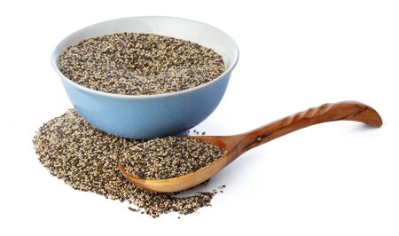 Bowl with chia seeds isolated on whiteの写真素材