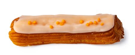 Glazed eclair dessert isolated on white background, copy space
