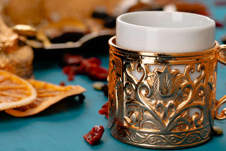 Close up photo of turkish national desserts with cup of coffee on tableの写真素材